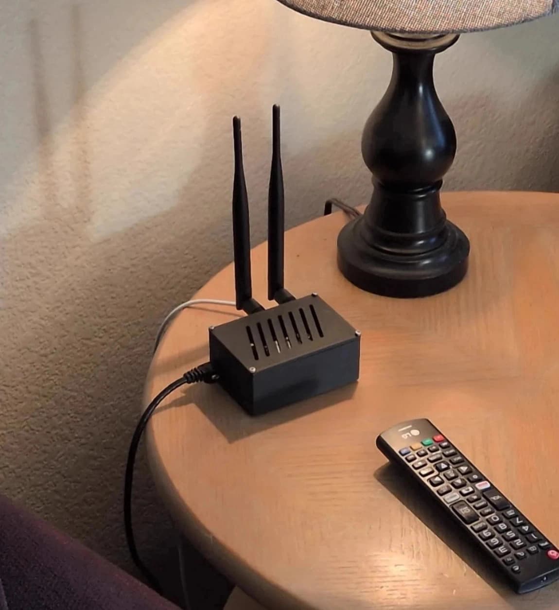 Ouzel sitting on a table, with a TV remote next to it.